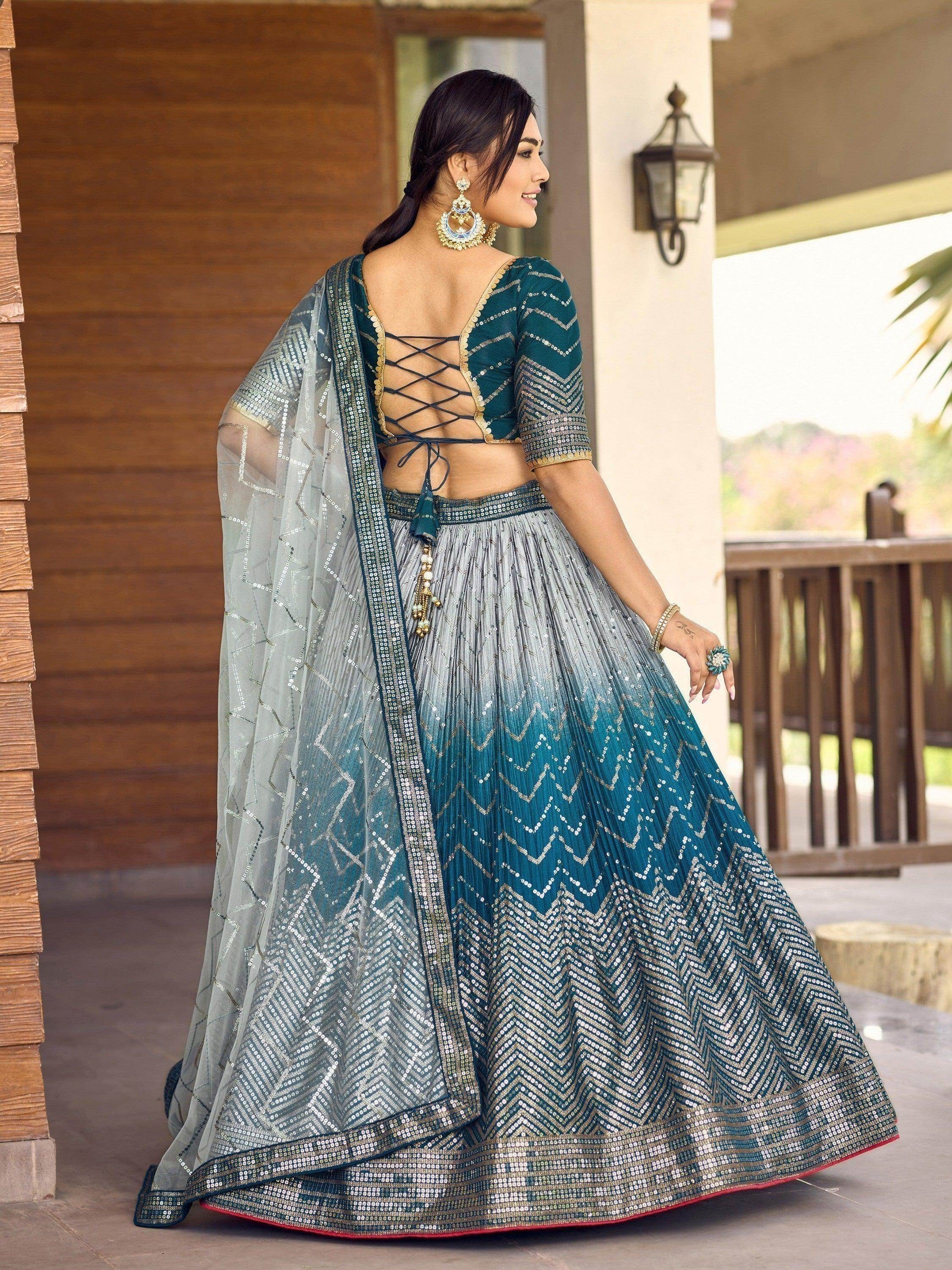 Awesome Teal Blue Sequins Chinon Sangeet Wear Lehenga Choli With Dupatta - Zeel Clothing