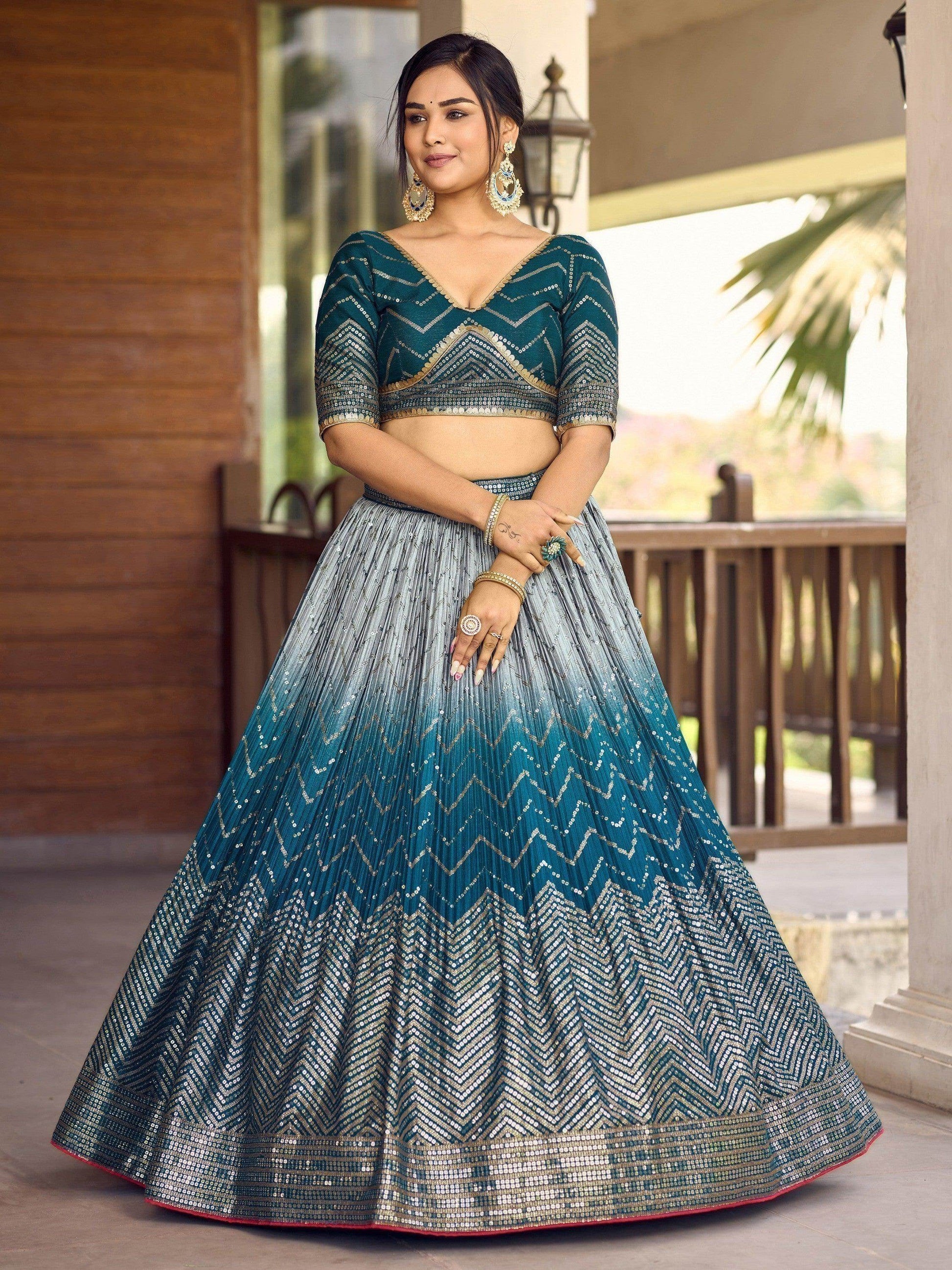 Awesome Teal Blue Sequins Chinon Sangeet Wear Lehenga Choli With Dupatta - Zeel Clothing