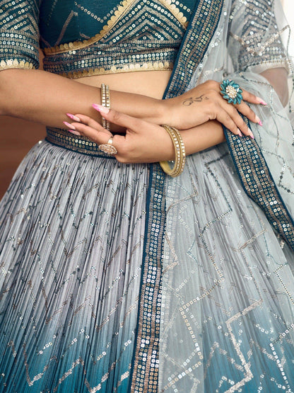 Awesome Teal Blue Sequins Chinon Sangeet Wear Lehenga Choli With Dupatta - Zeel Clothing
