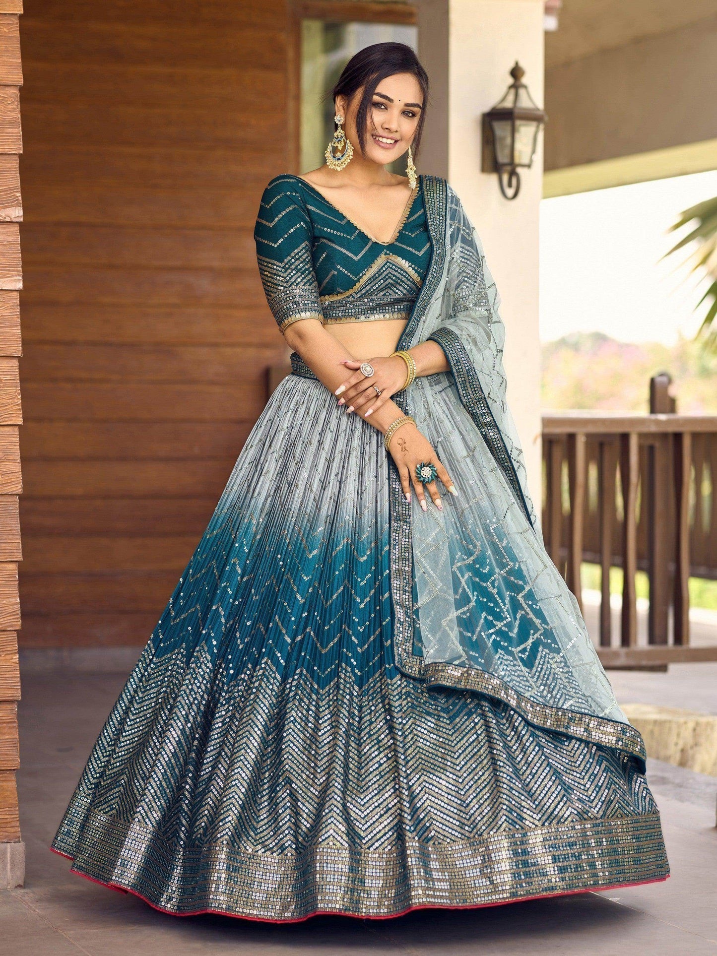 Awesome Teal Blue Sequins Chinon Sangeet Wear Lehenga Choli With Dupatta - Zeel Clothing