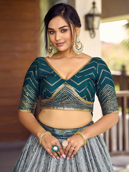 Awesome Teal Blue Sequins Chinon Sangeet Wear Lehenga Choli With Dupatta - Zeel Clothing
