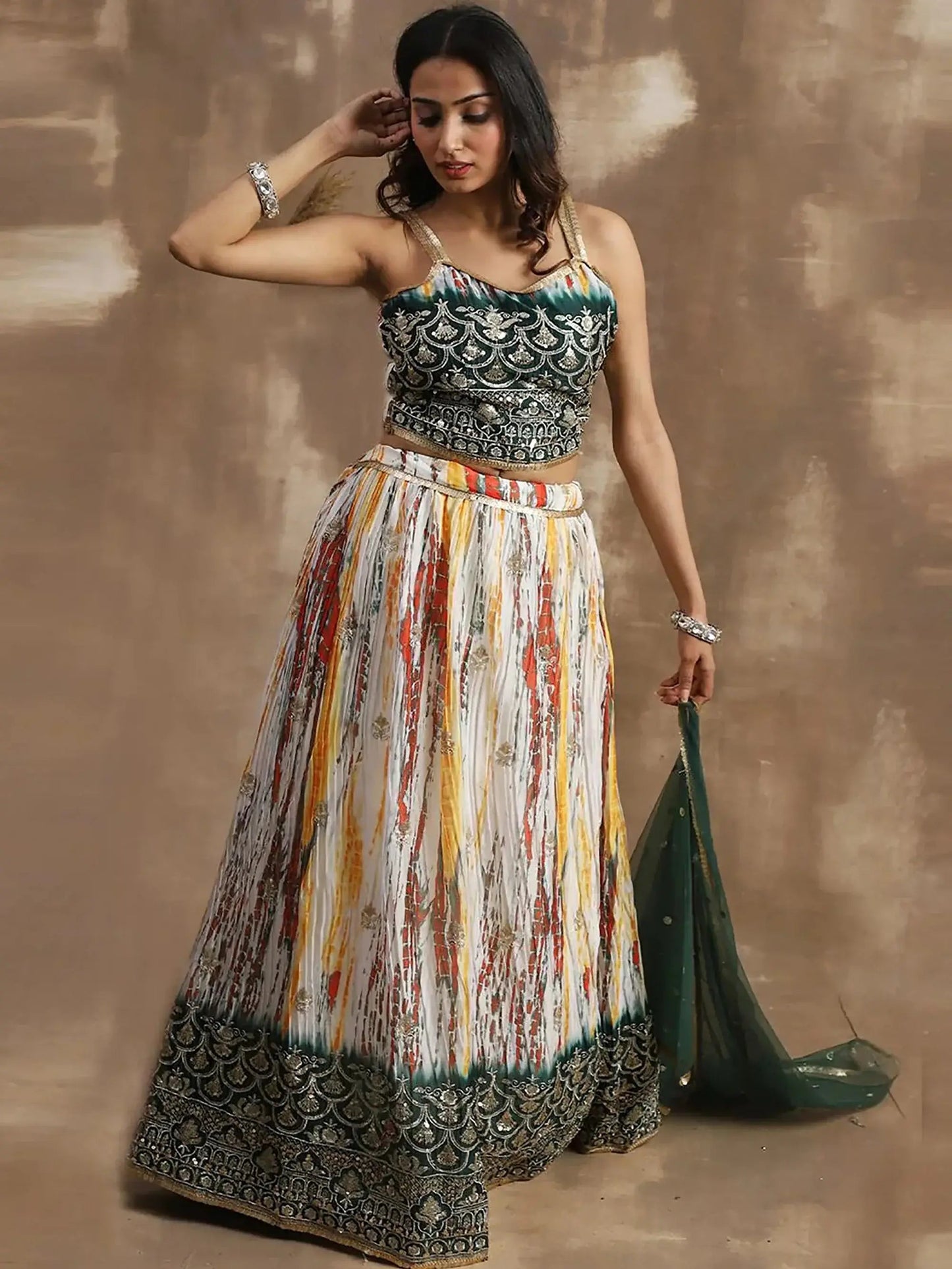 Awesome White & Green Sequins Chinon Events Wear Lehenga Choli - Zeel Clothing