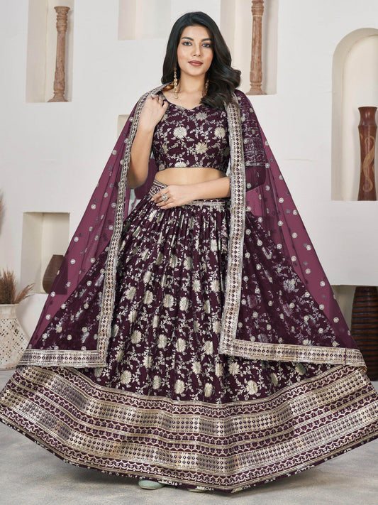 Awesome Wine Zari Work Jacquard Lehenga Choli With Dupatta - Zeel Clothing