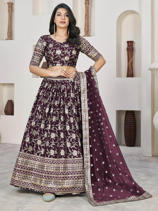 Awesome Wine Zari Work Jacquard Lehenga Choli With Dupatta - Zeel Clothing