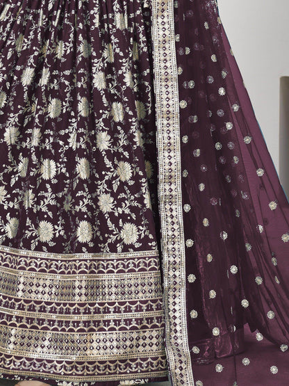 Awesome Wine Zari Work Jacquard Lehenga Choli With Dupatta - Zeel Clothing