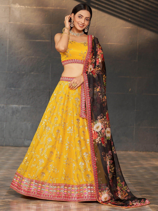 Awesome Yellow Sequins Georgette Haldi Wear Lehenga Choli - Zeel Clothing