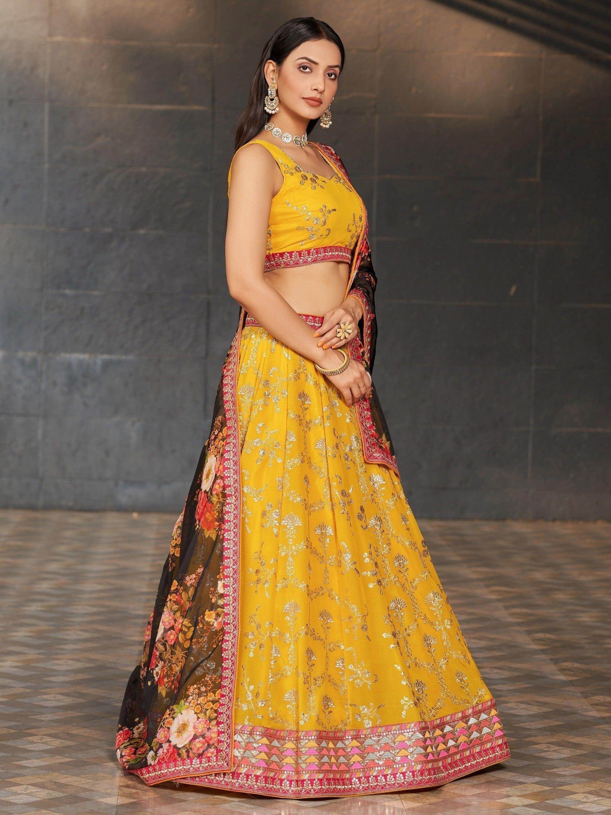 Awesome Yellow Sequins Georgette Haldi Wear Lehenga Choli - Zeel Clothing