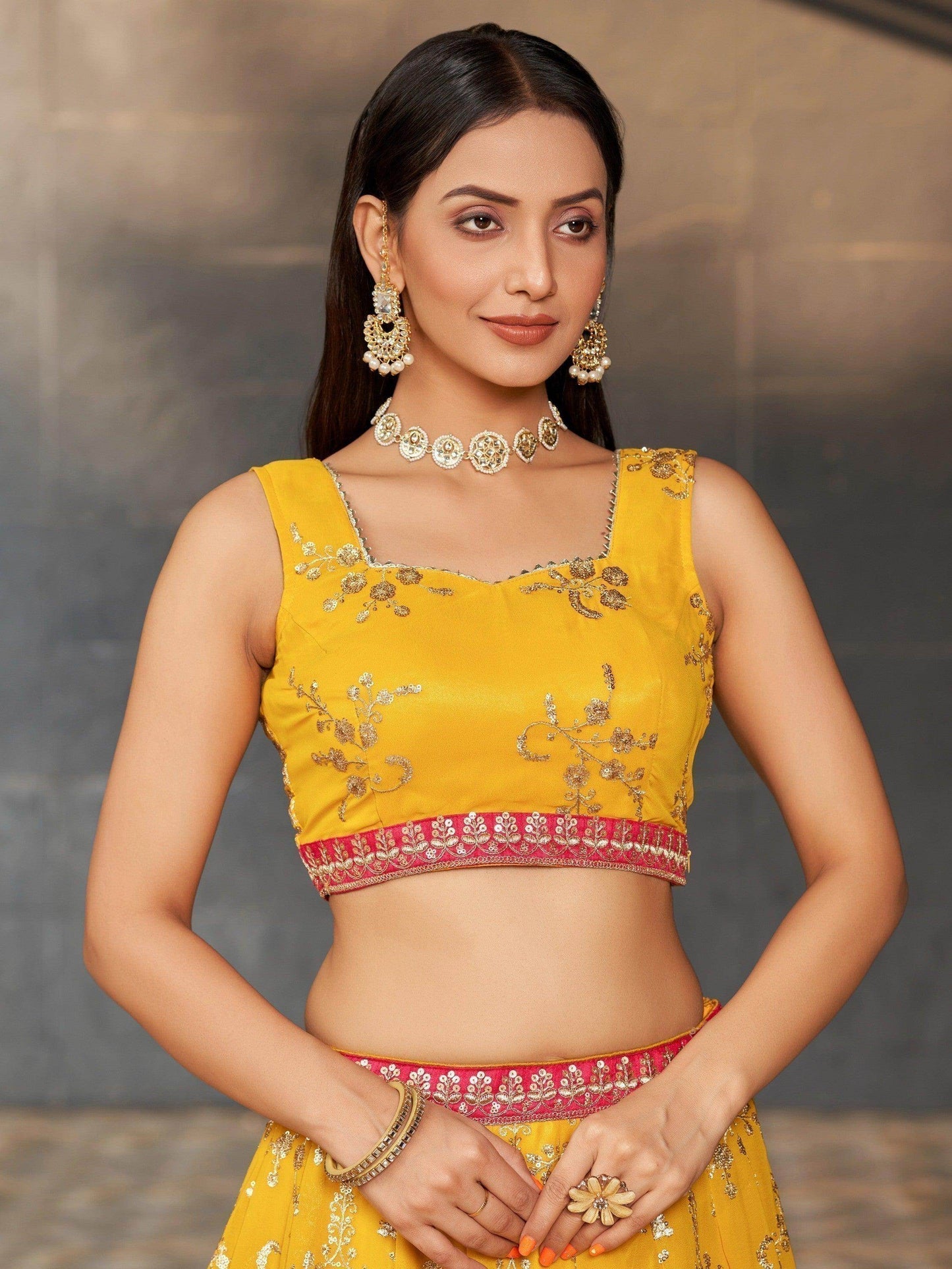 Awesome Yellow Sequins Georgette Haldi Wear Lehenga Choli - Zeel Clothing