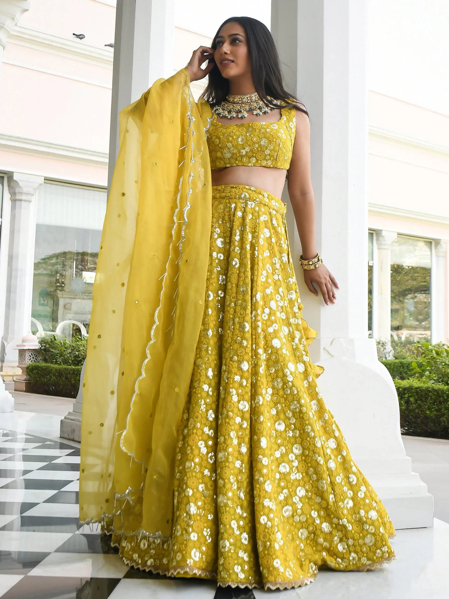 Awesome Yellow Thread Embroidered Georgette Wedding Wear Lehenga Choli - Zeel Clothing