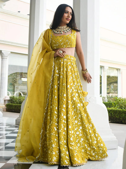 Awesome Yellow Thread Embroidered Georgette Wedding Wear Lehenga Choli - Zeel Clothing