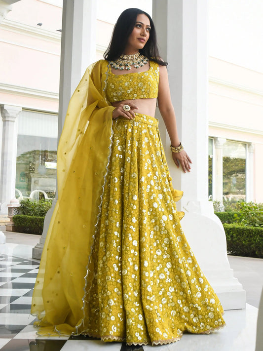 Awesome Yellow Thread Embroidered Georgette Wedding Wear Lehenga Choli - Zeel Clothing