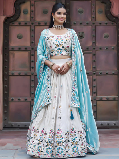 Rich Off-White Thread Embroidery Tissue Bridesmaid Lehenga Choli With Blue Dupatta