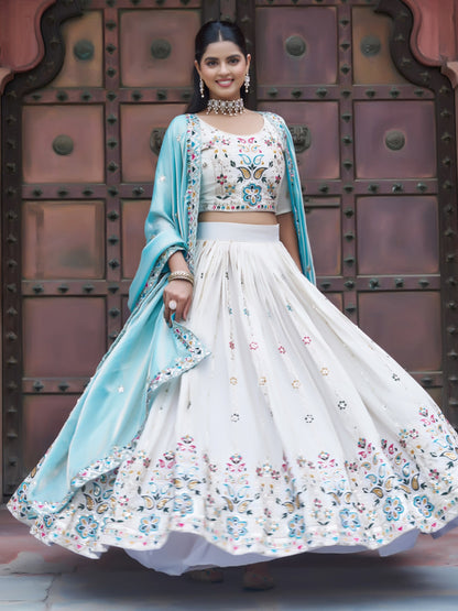 Rich Off-White Thread Embroidery Tissue Bridesmaid Lehenga Choli With Blue Dupatta