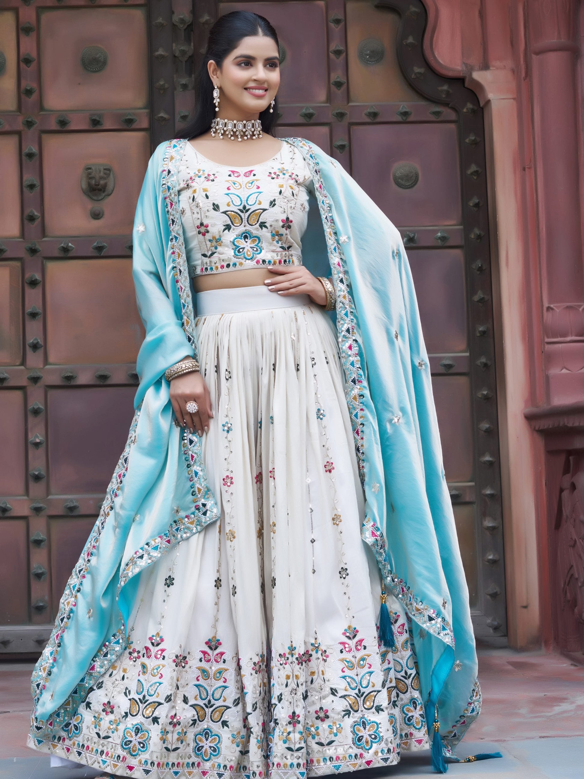 Rich Off-White Thread Embroidery Tissue Bridesmaid Lehenga Choli With Blue Dupatta