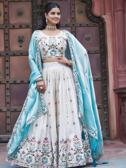 Rich Off-White Thread Embroidery Tissue Bridesmaid Lehenga Choli With Blue Dupatta