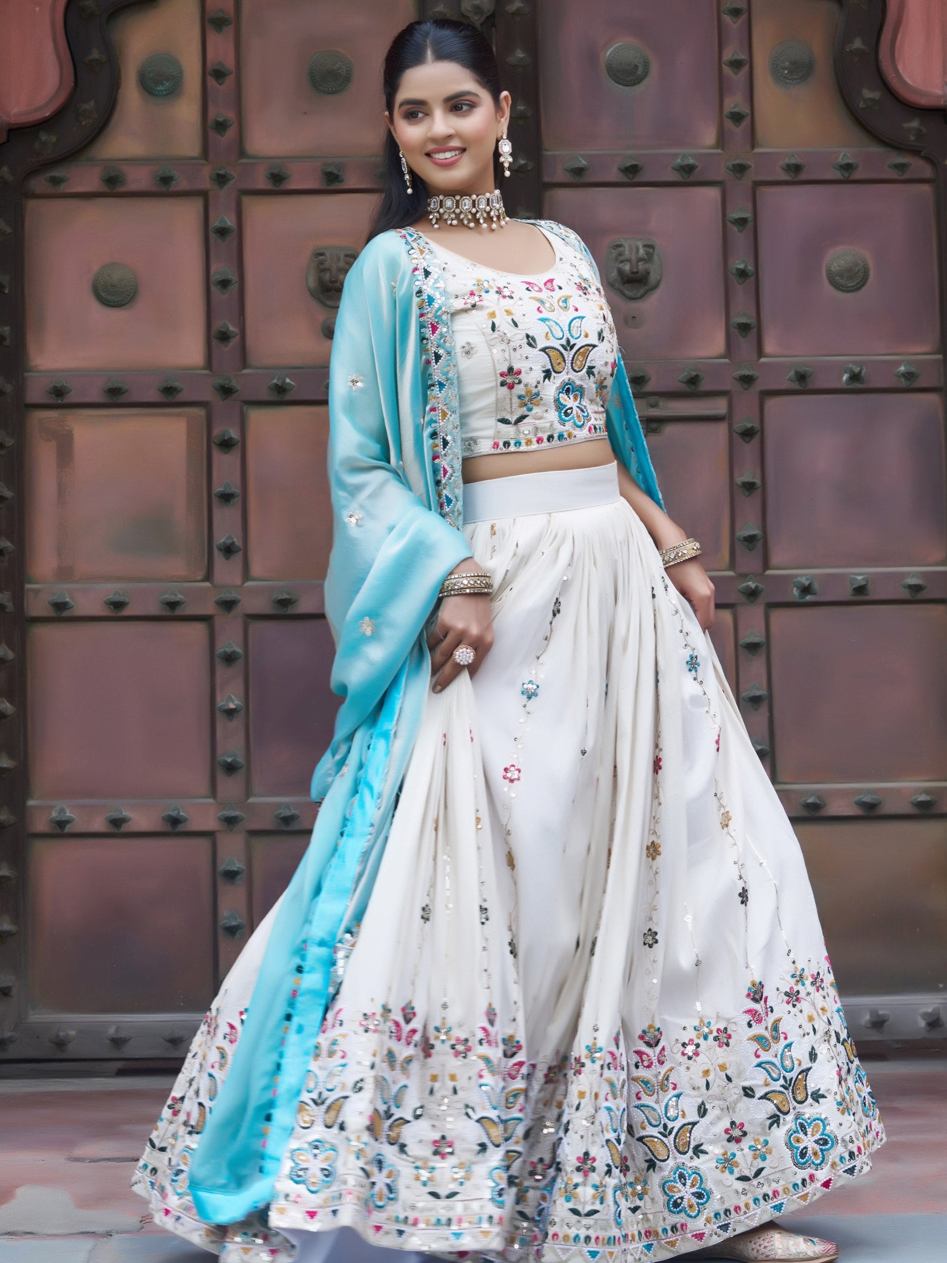 Rich Off-White Thread Embroidery Tissue Bridesmaid Lehenga Choli With Blue Dupatta