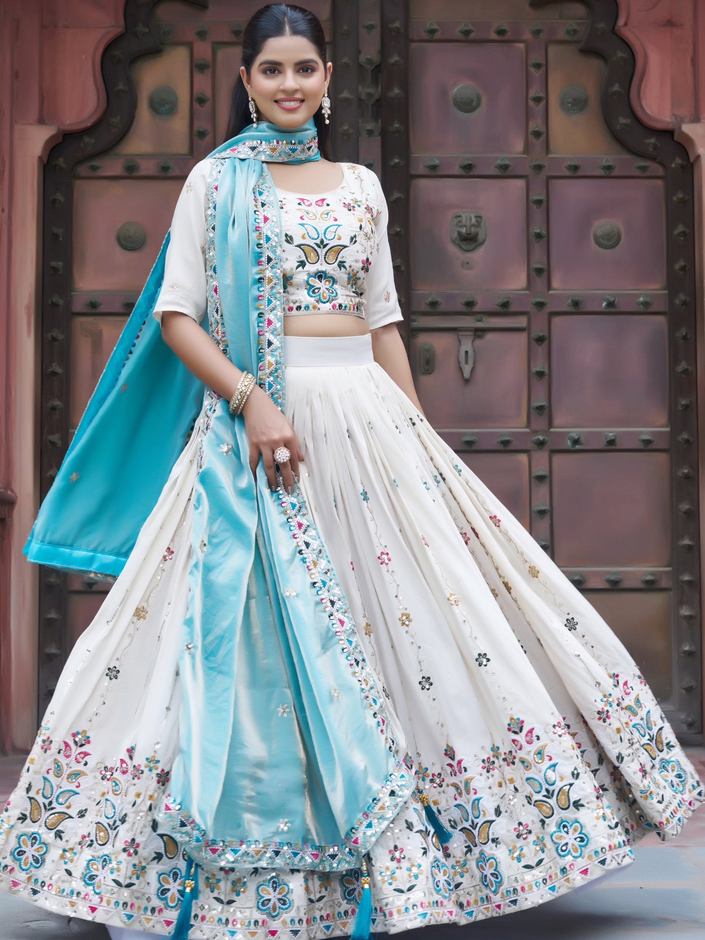 Rich Off-White Thread Embroidery Tissue Bridesmaid Lehenga Choli With Blue Dupatta