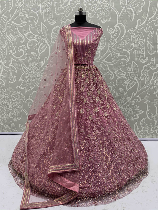 Shiny Pink Multi Thread Work Net Engagement Wear Lehenga With Blouse