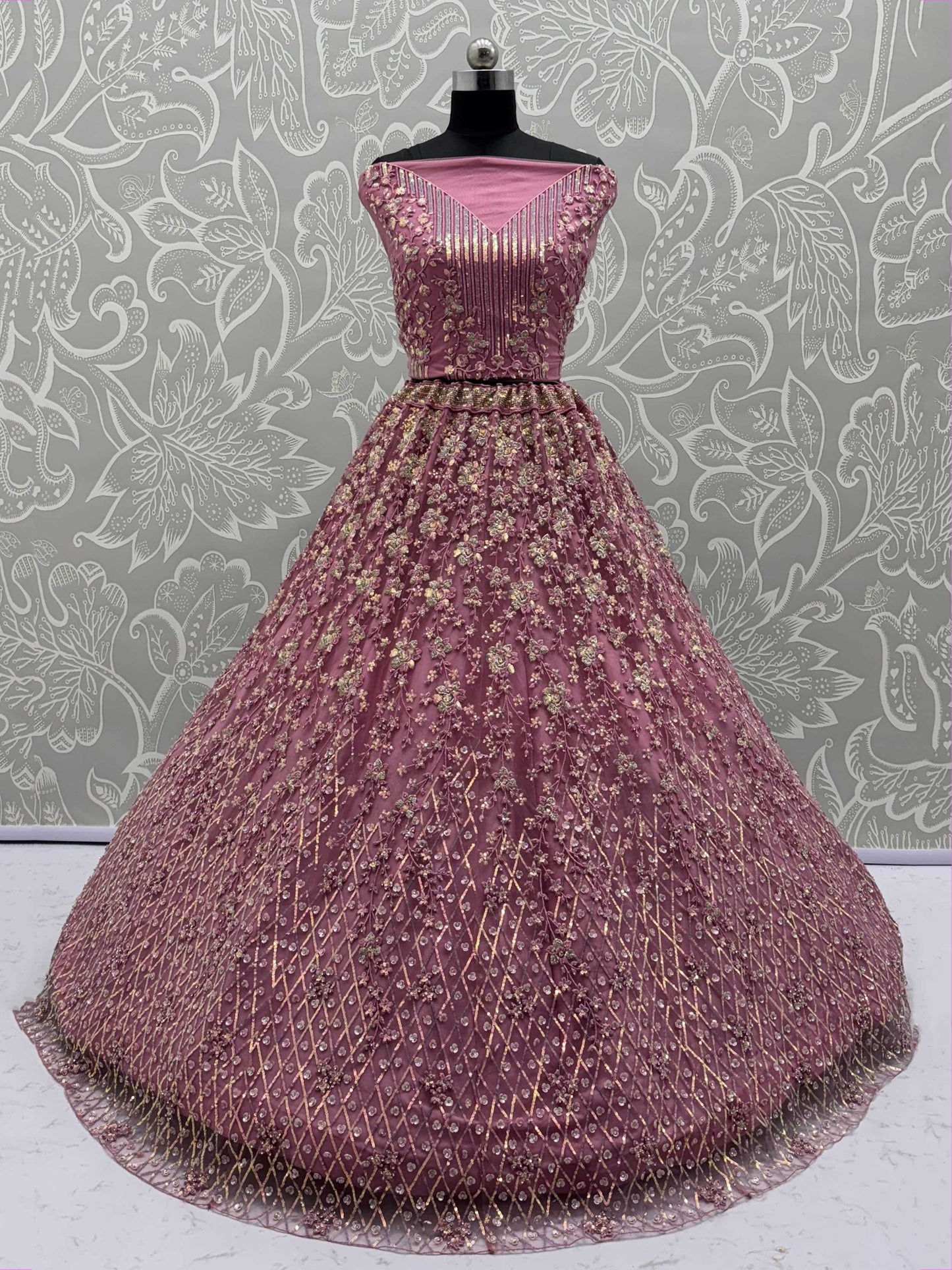 Shiny Pink Multi Thread Work Net Engagement Wear Lehenga With Blouse