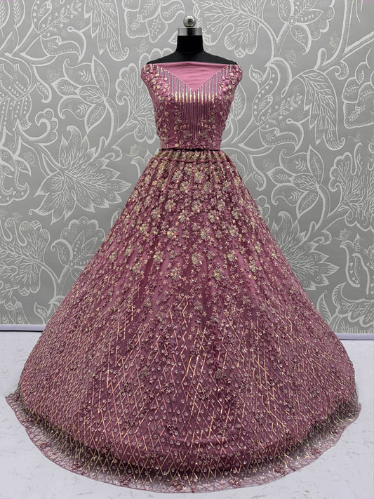 Shiny Pink Multi Thread Work Net Engagement Wear Lehenga With Blouse