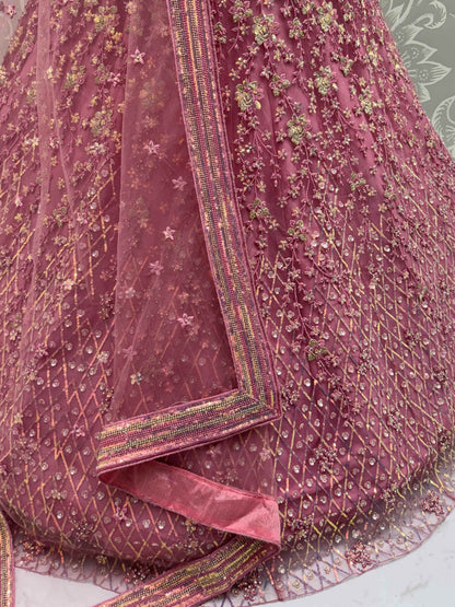 Shiny Pink Multi Thread Work Net Engagement Wear Lehenga With Blouse