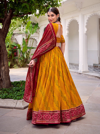 Yellow Color Bandhej Print With Gotta Patti Lace Tasar Silk Lehenga Choli