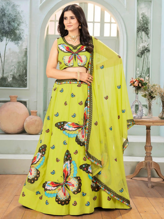 Beauteous Parrot Green Embroidered Georgette Festive Wear Lehenga Choli - Zeel Clothing