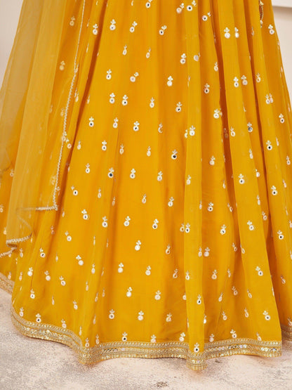 Beauteous Yellow Thread Work Georgette Lehenga Choli With Dupatta - Zeel Clothing