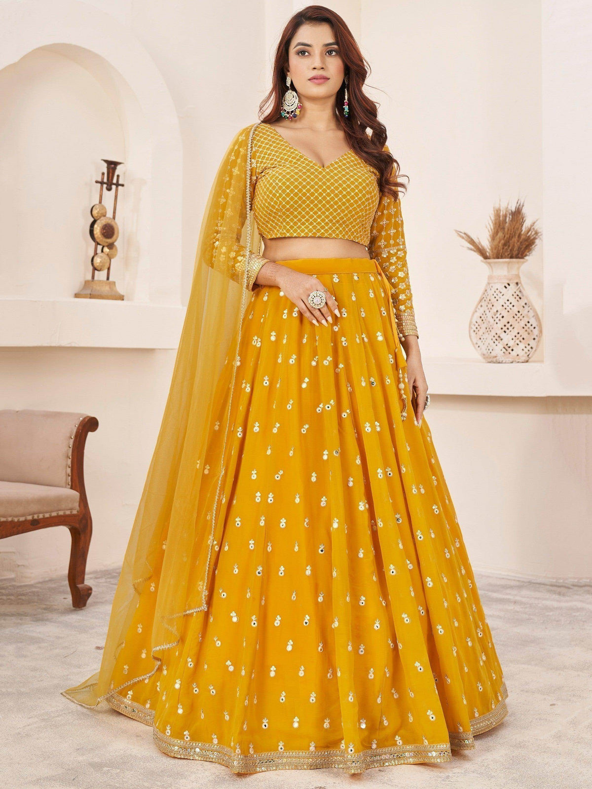 Beauteous Yellow Thread Work Georgette Lehenga Choli With Dupatta - Zeel Clothing