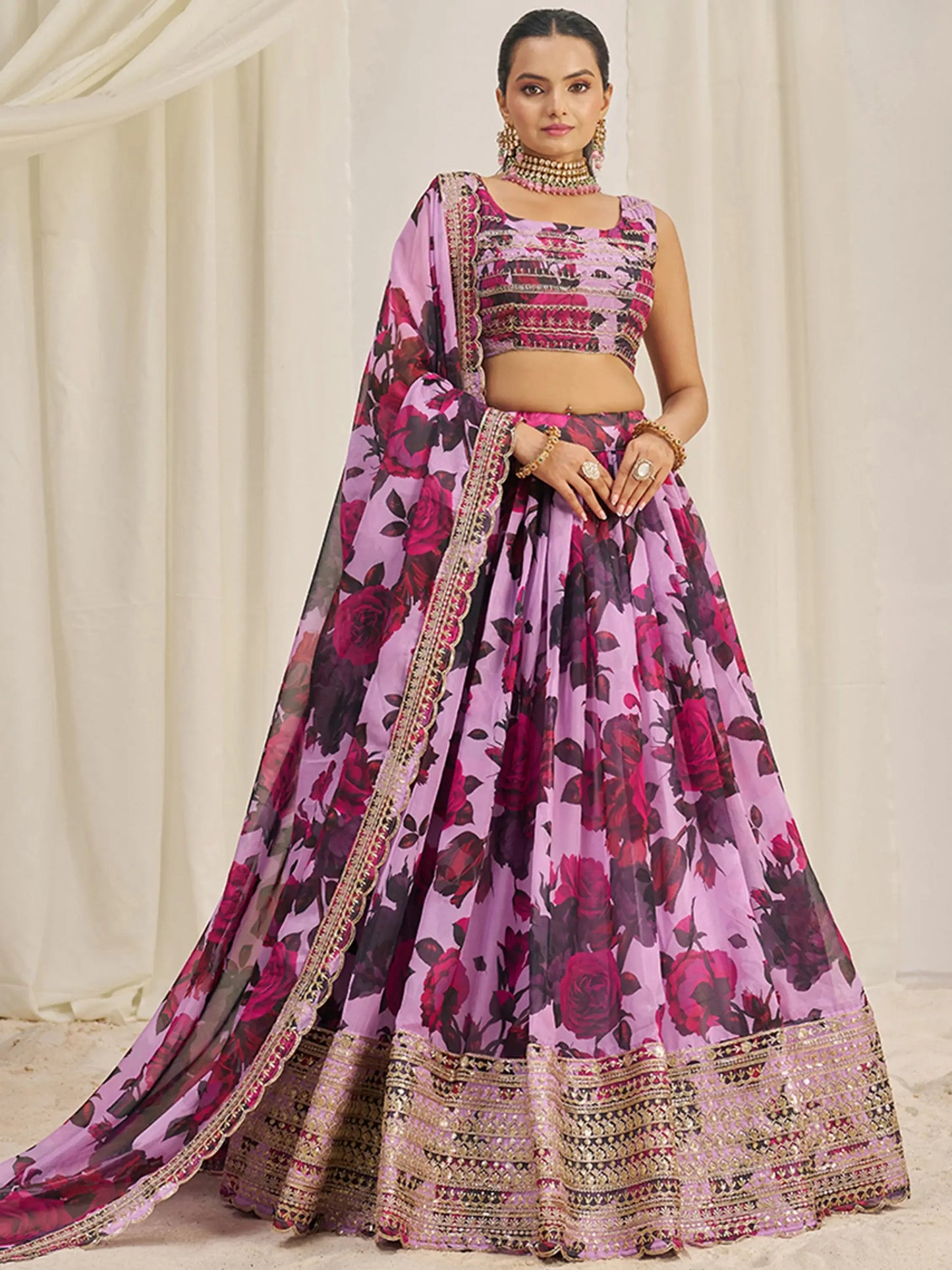 Beautiful Baby Pink Printed Organza Festival Wear Lehenga Choli - Zeel Clothing