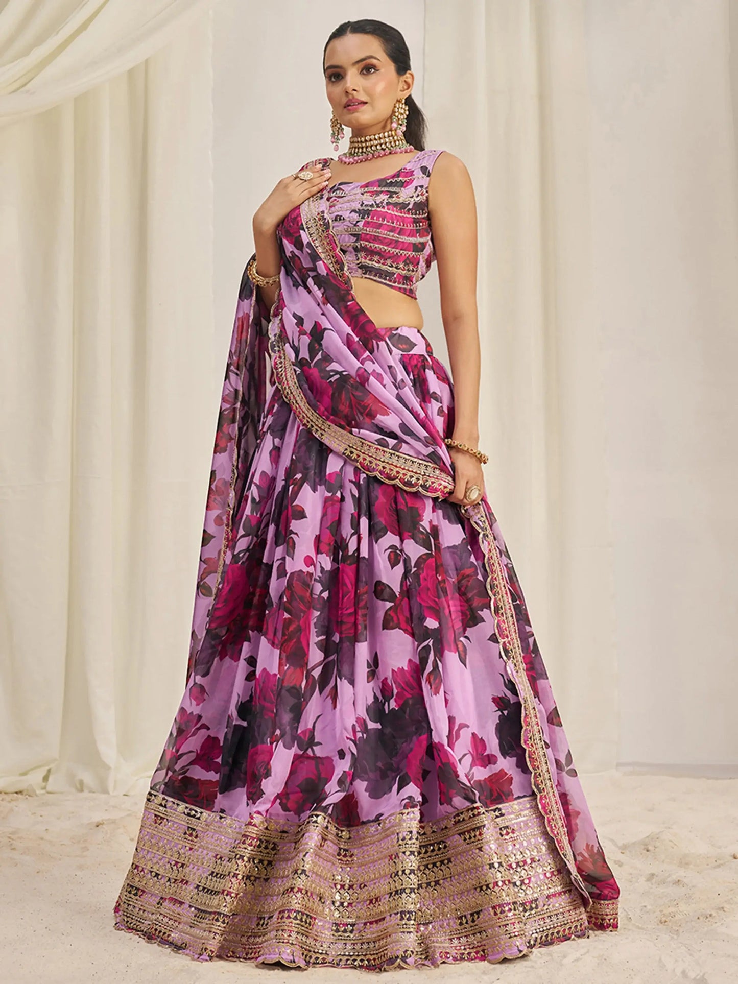Beautiful Baby Pink Printed Organza Festival Wear Lehenga Choli - Zeel Clothing