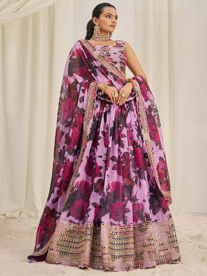 Beautiful Baby Pink Printed Organza Festival Wear Lehenga Choli - Zeel Clothing