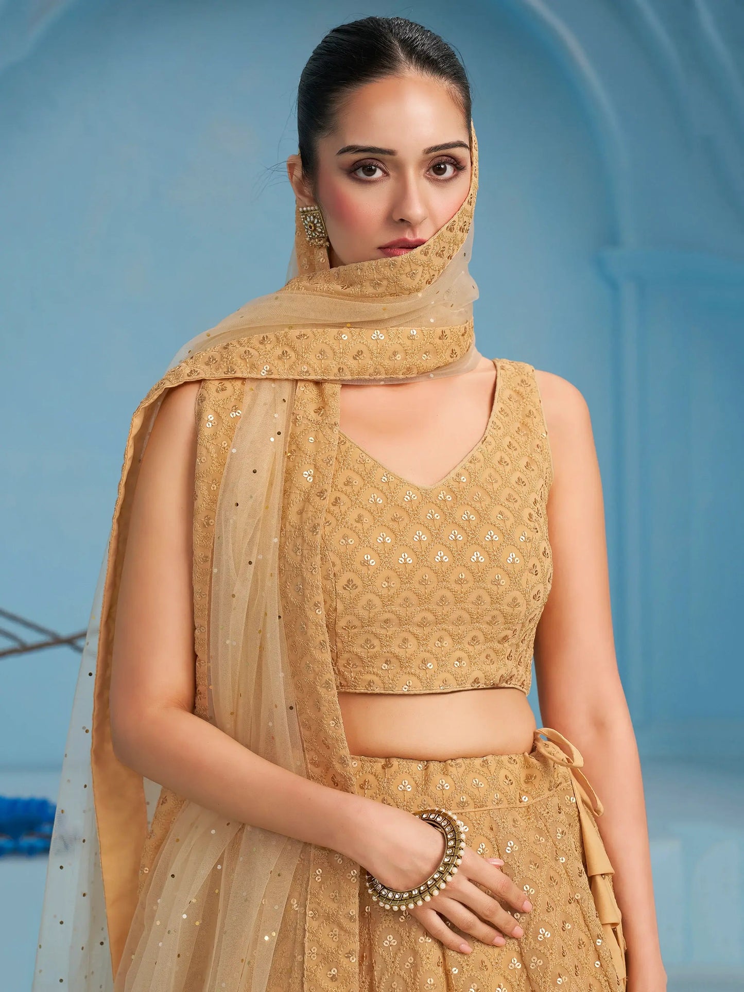 Beautiful Beige Thread Work Georgette Wedding Wear Lehenga Choli - Zeel Clothing