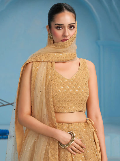 Beautiful Beige Thread Work Georgette Wedding Wear Lehenga Choli - Zeel Clothing