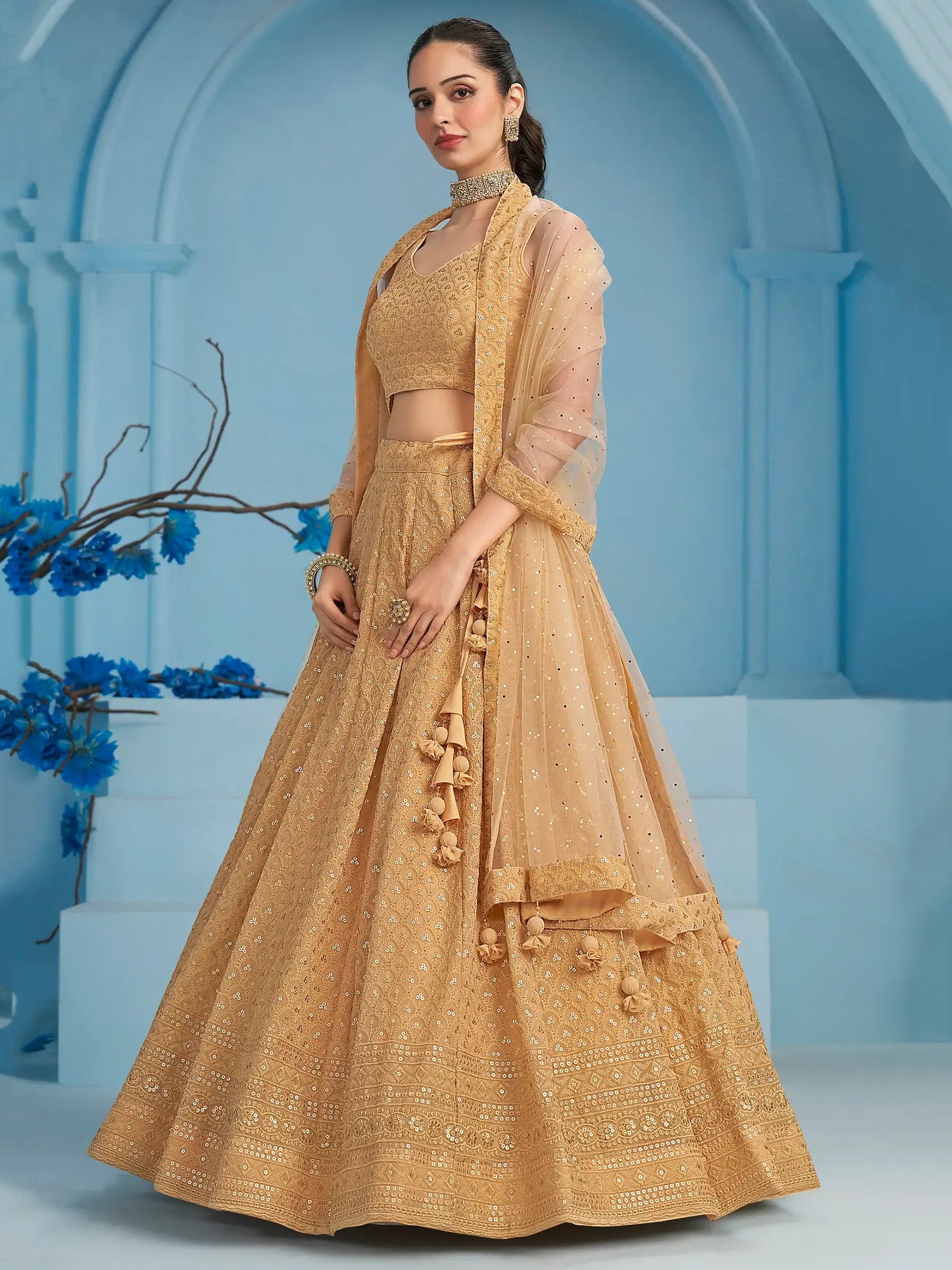 Beautiful Beige Thread Work Georgette Wedding Wear Lehenga Choli - Zeel Clothing