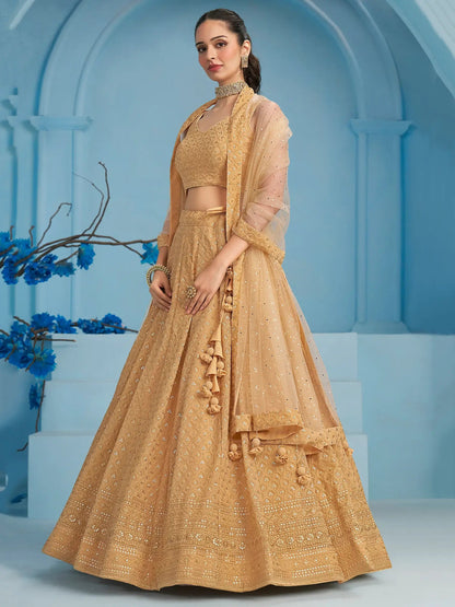 Beautiful Beige Thread Work Georgette Wedding Wear Lehenga Choli - Zeel Clothing