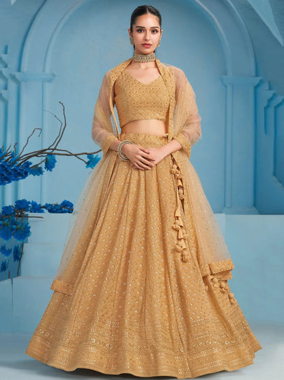 Beautiful Beige Thread Work Georgette Wedding Wear Lehenga Choli - Zeel Clothing