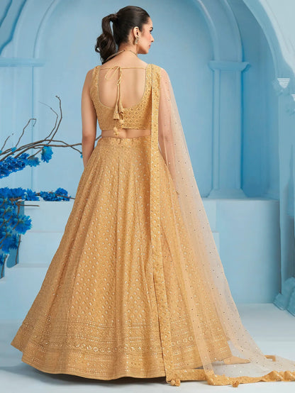 Beautiful Beige Thread Work Georgette Wedding Wear Lehenga Choli - Zeel Clothing