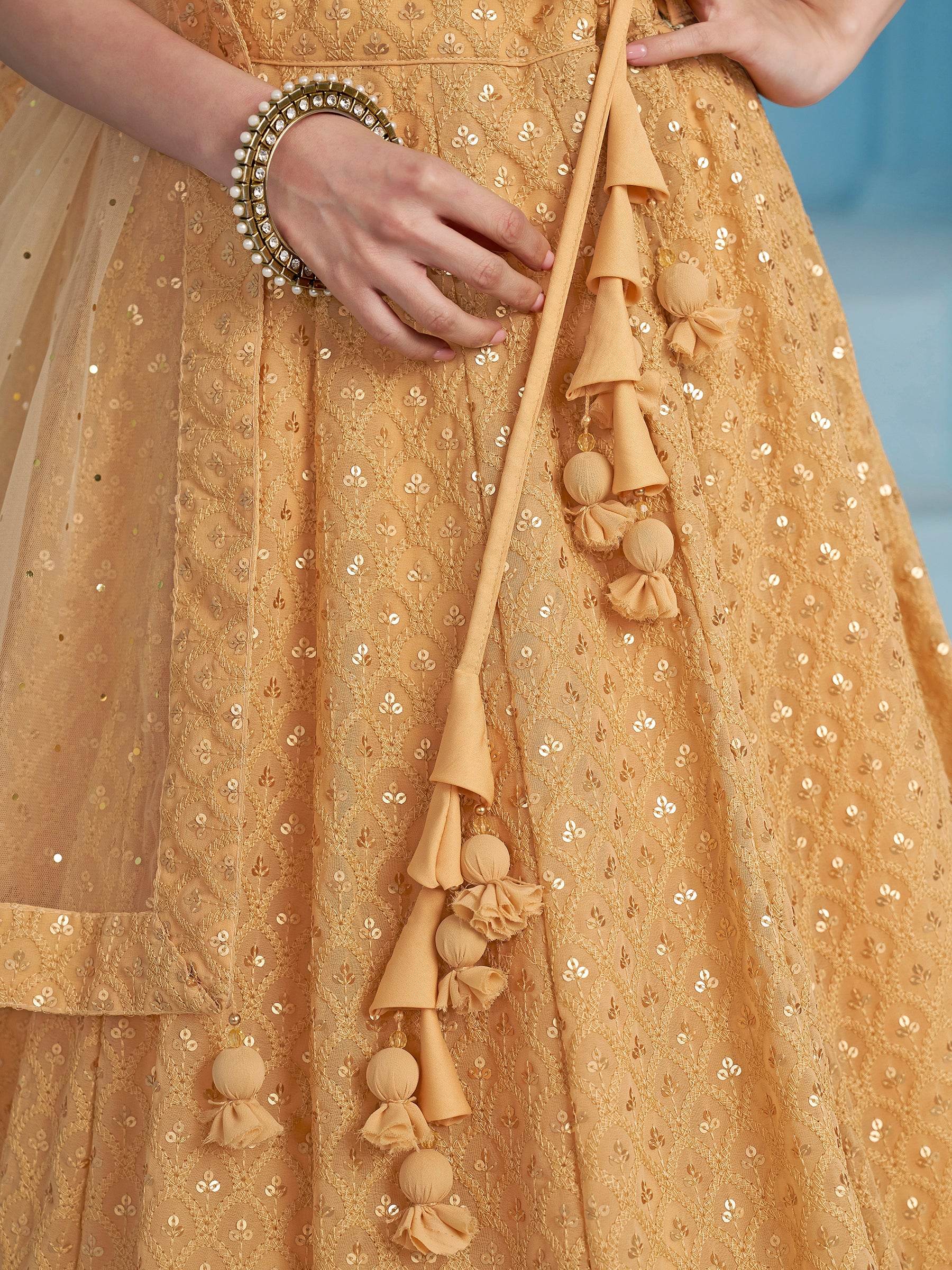 Beautiful Beige Thread Work Georgette Wedding Wear Lehenga Choli - Zeel Clothing