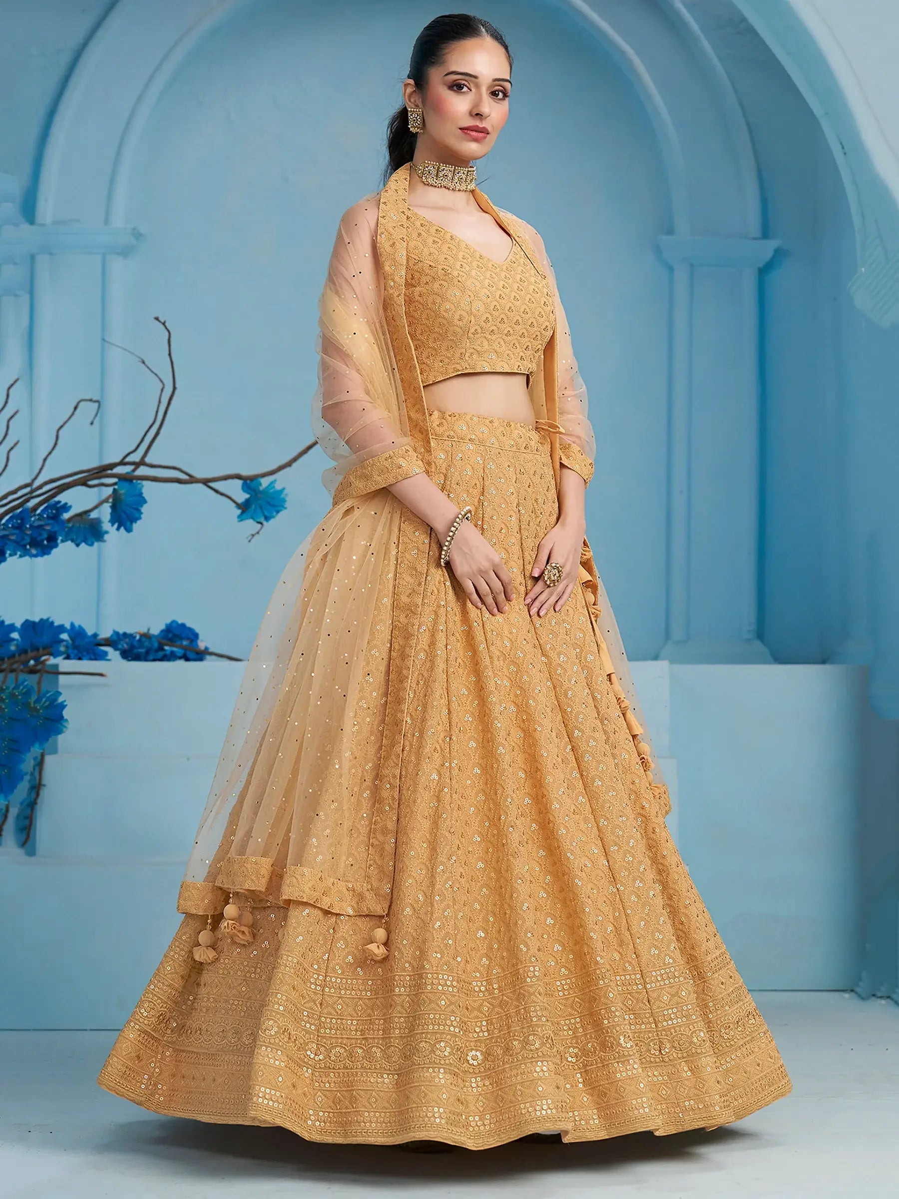 Beautiful Beige Thread Work Georgette Wedding Wear Lehenga Choli - Zeel Clothing