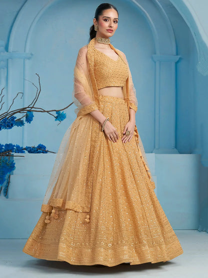 Beautiful Beige Thread Work Georgette Wedding Wear Lehenga Choli - Zeel Clothing