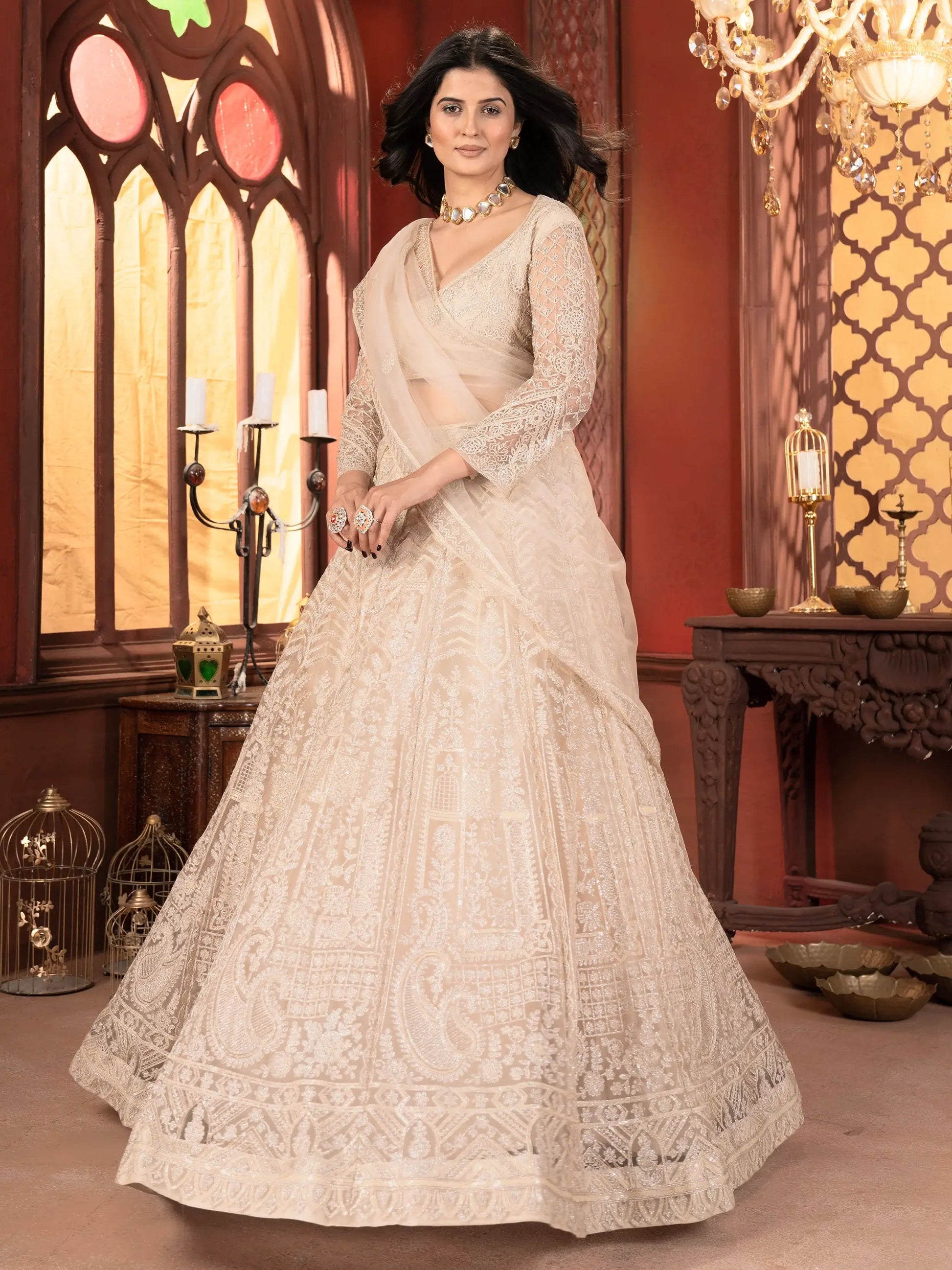 Beautiful Beige Thread Work Net Bridesmaid Lehenga Choli With Dupatta - Zeel Clothing
