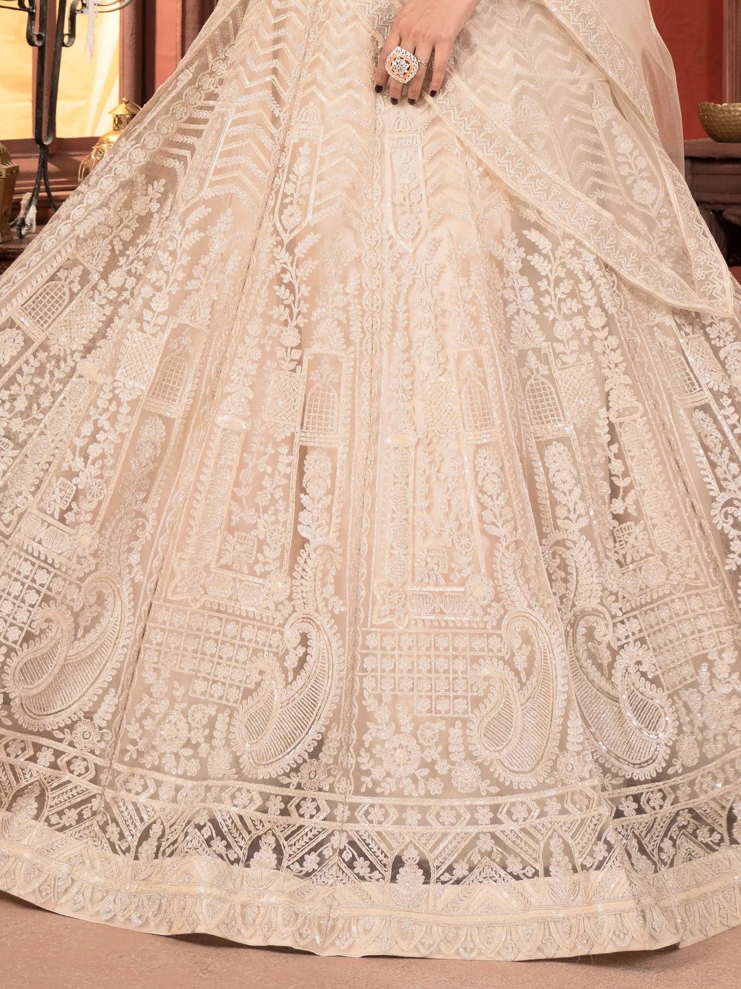 Beautiful Beige Thread Work Net Bridesmaid Lehenga Choli With Dupatta - Zeel Clothing