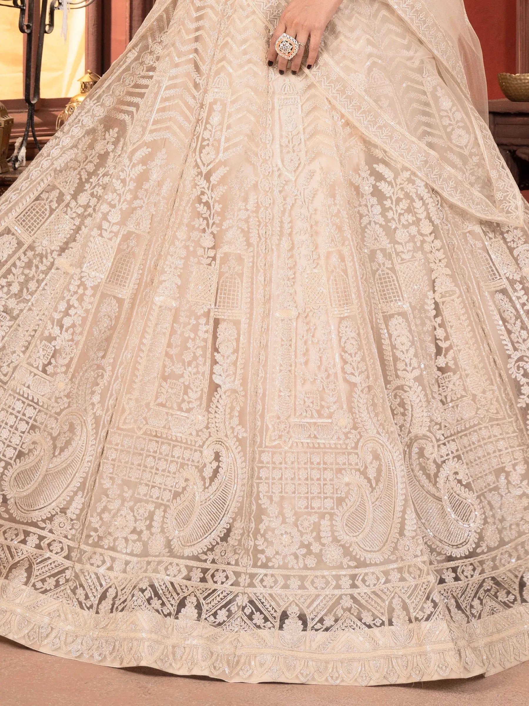 Beautiful Beige Thread Work Net Bridesmaid Lehenga Choli With Dupatta - Zeel Clothing