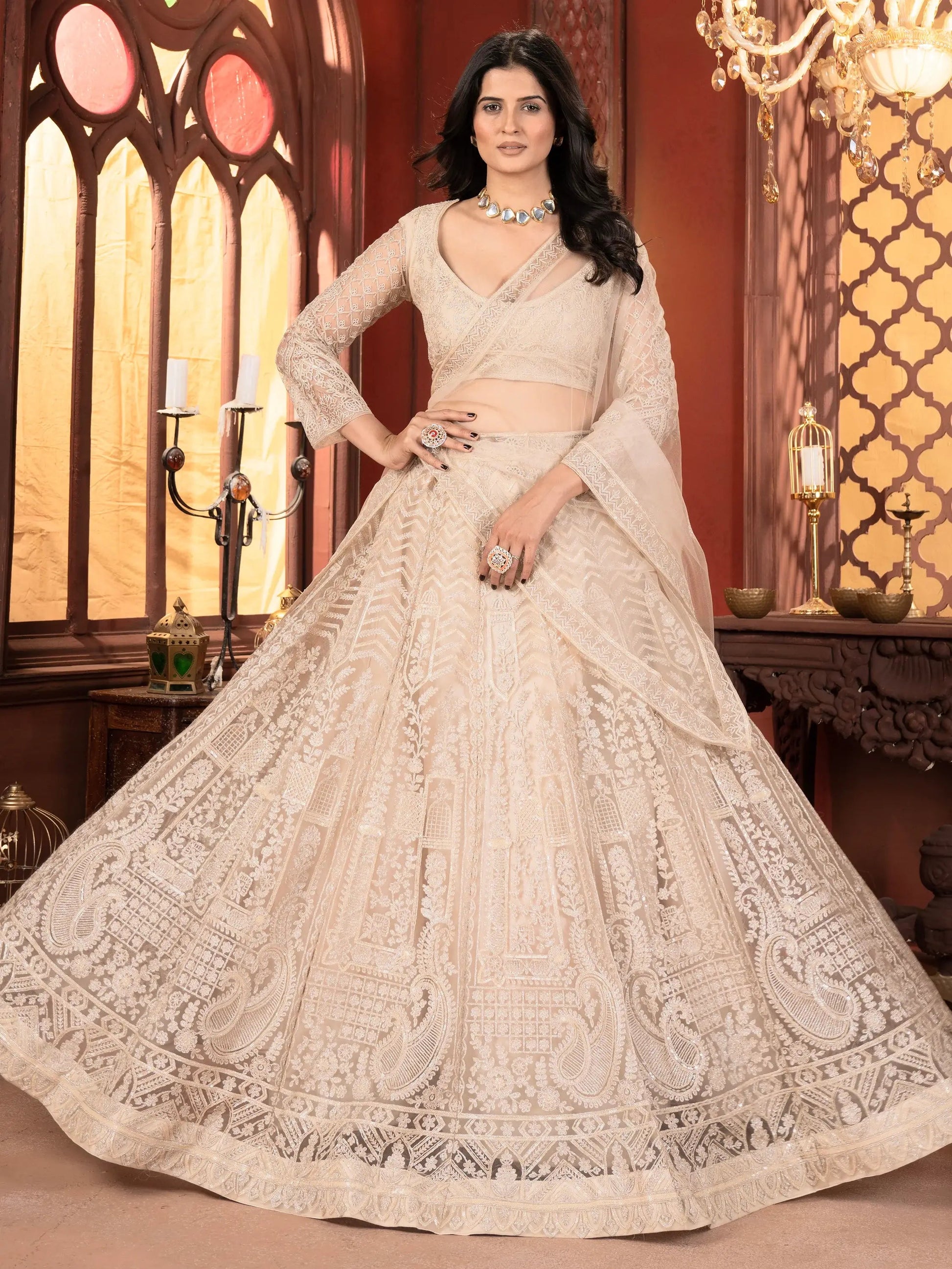 Beautiful Beige Thread Work Net Bridesmaid Lehenga Choli With Dupatta - Zeel Clothing