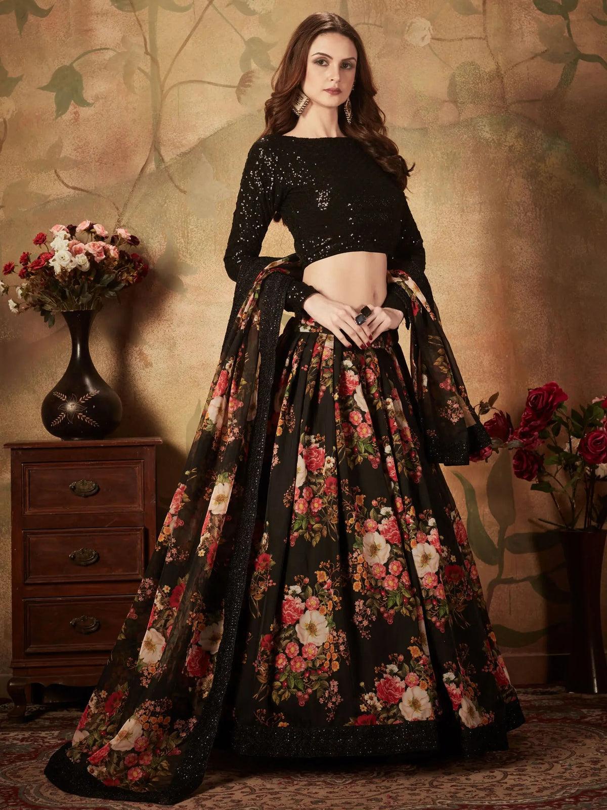 Beautiful Black Floral Printed Organza Reception Wear Lehenga Choli - Zeel Clothing