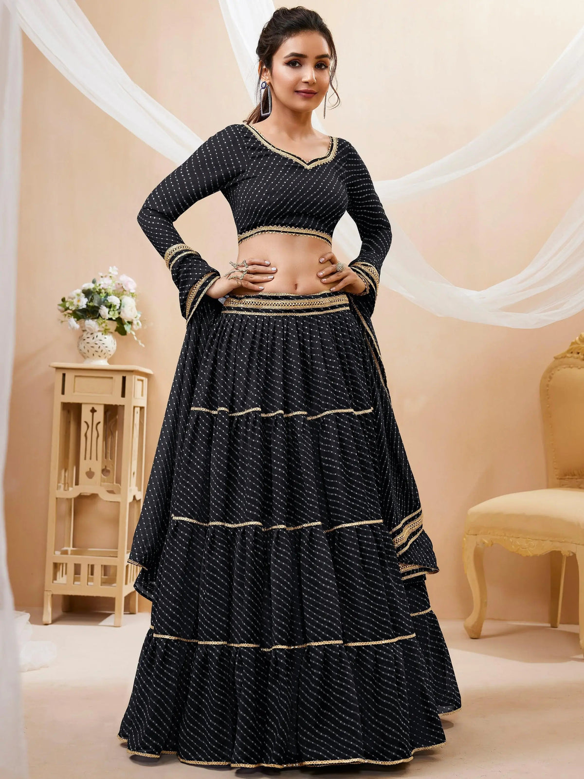 Beautiful Black Leheriya Printed Georgette Lehenga Choli With Dupatta - Zeel Clothing