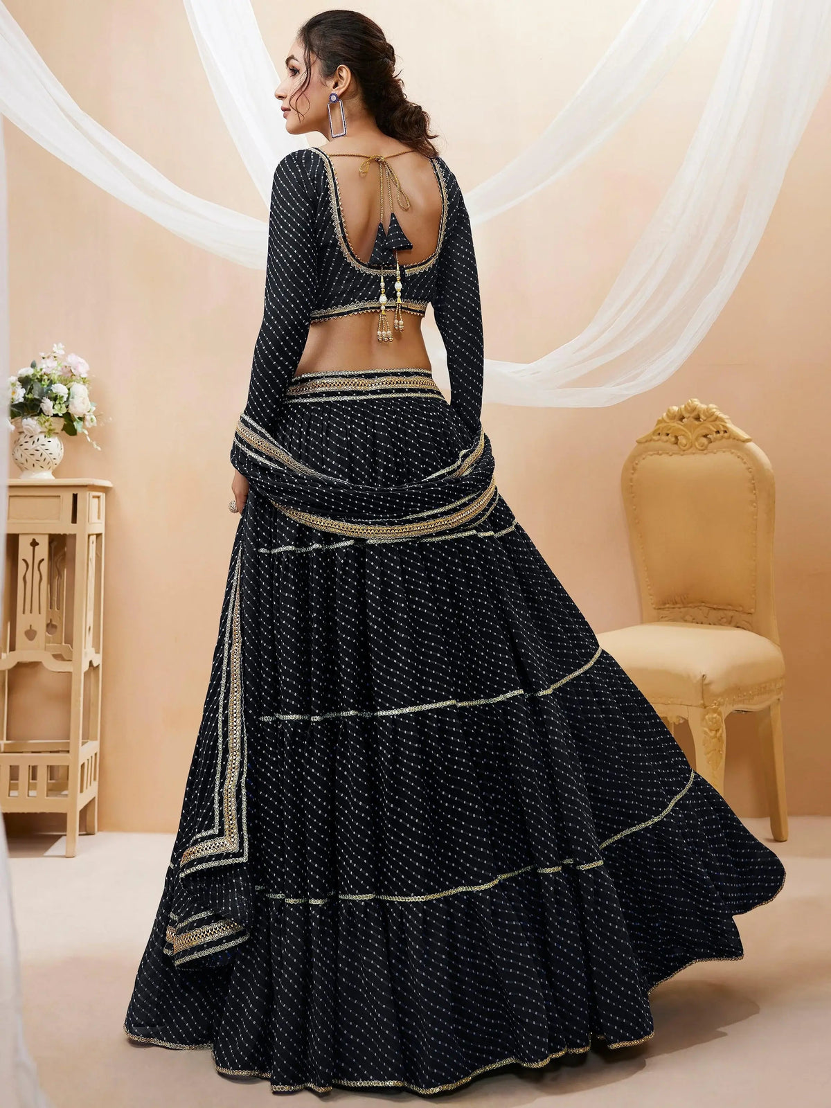 Beautiful Black Leheriya Printed Georgette Lehenga Choli With Dupatta - Zeel Clothing