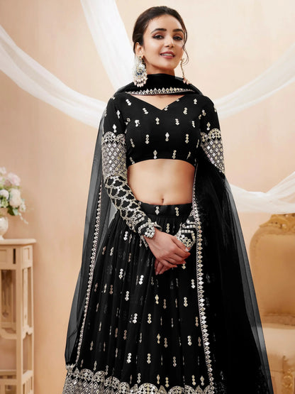 Beautiful Black Sequins Georgette Reception Wear Lehenga Choli - Zeel Clothing