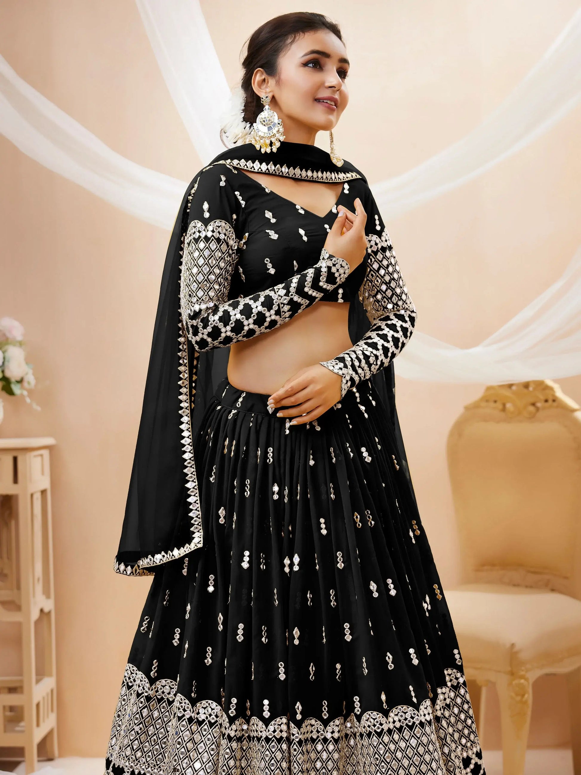 Beautiful Black Sequins Georgette Reception Wear Lehenga Choli - Zeel Clothing